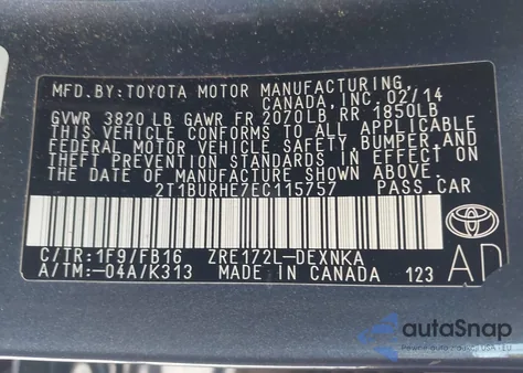 2014 Toyota Corolla Le from USA, damaged, VIN 2T1BURHE7EC115757